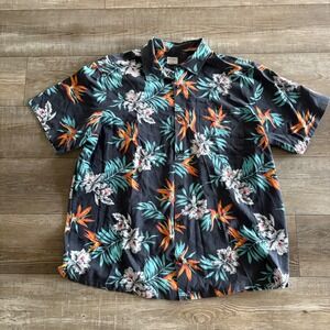 Jack O'Neill Button Down Mens 1XL Shirt Black‎ Tropical Floral Bird of Paradise